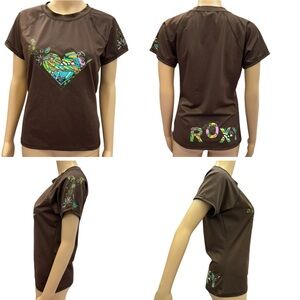 Roxy Brown Heart Rash Guard Swim Top Short Sleeve Girls XL